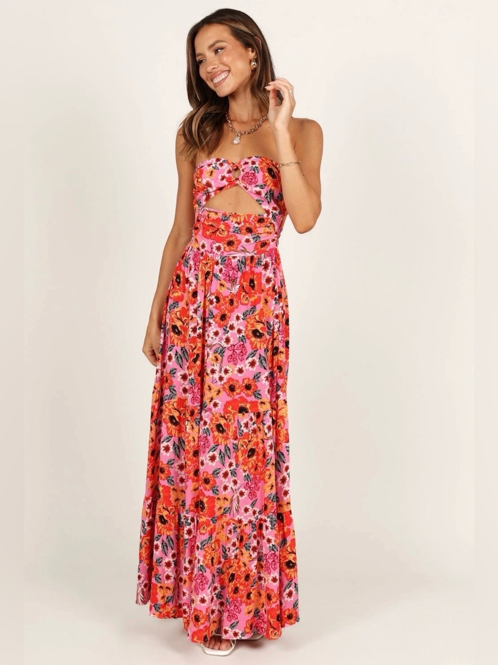 Petal & Pup Women's Sarai Dress Size 0 Pink Floral Maxi Cut Out Strapless